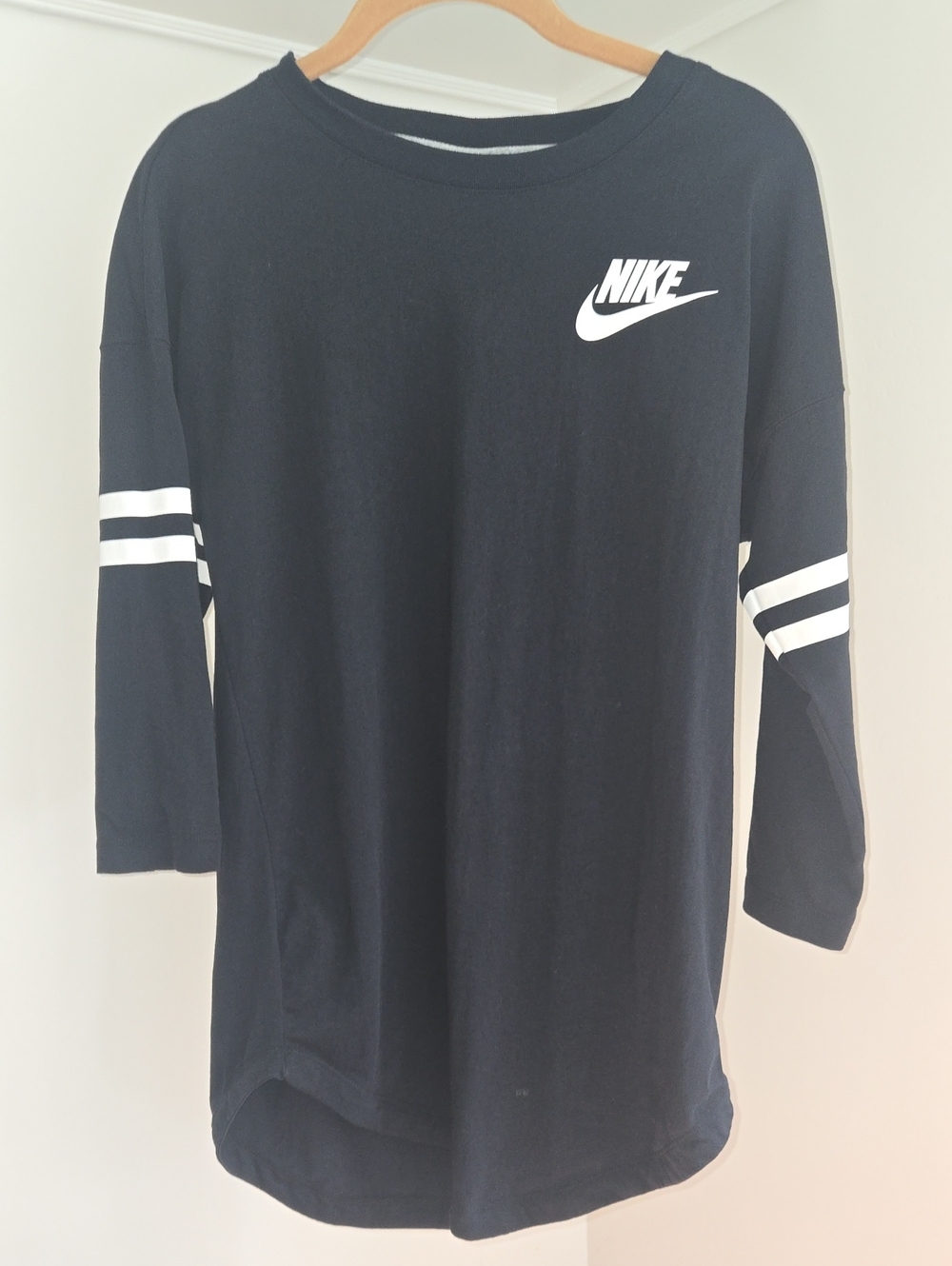Nike Black 3/4 Sleeve Tee with White Swoosh, Sleeve Stripes, Curved Hem Size S